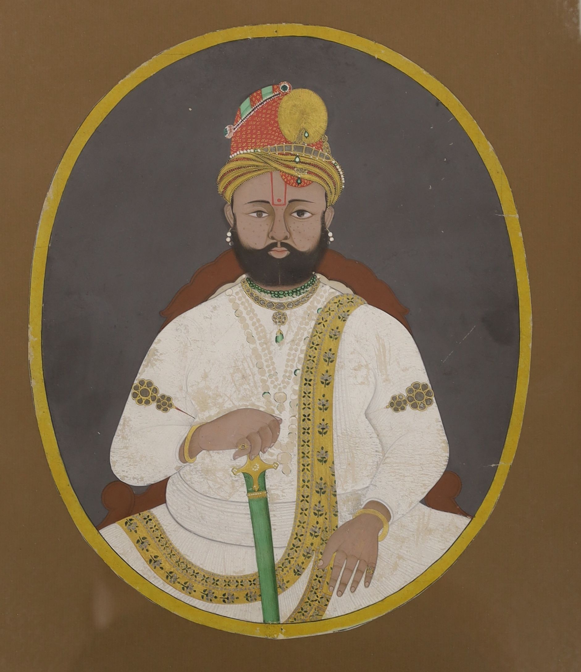 19th century Indian School, gouache on paper, Portrait of a noble man, 31 x 26cm, two studies of figures on terraces, 32 x 25cm and a smaller portrait, 18 x 12cm (4)